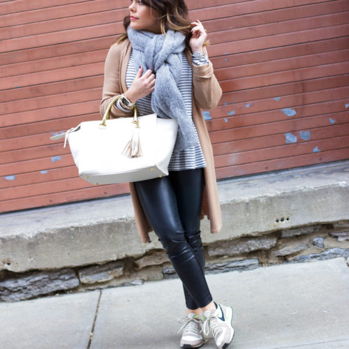 Casual Winter Style: Clare V. Sandrine, Leather Leggings, Nike Sneakers