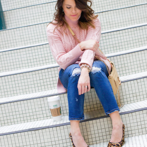 Winter Outfit Inspiration on Glitter & Gingham: Pink Cable Knit Turtleneck, Distressed Denim, Leopard Pumps