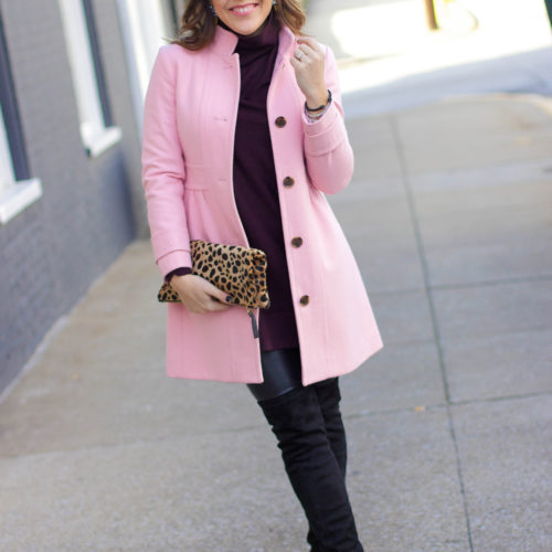 pink & burgundy: Clare V. leopard clutch, over the knee boots, leather leggings