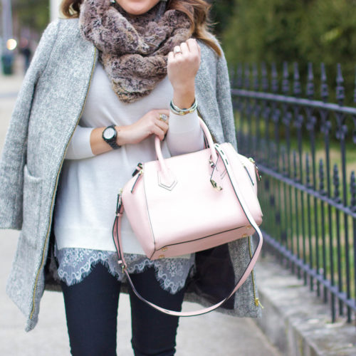 A lady like outfit: white lace sweater, coated denim, black pumps