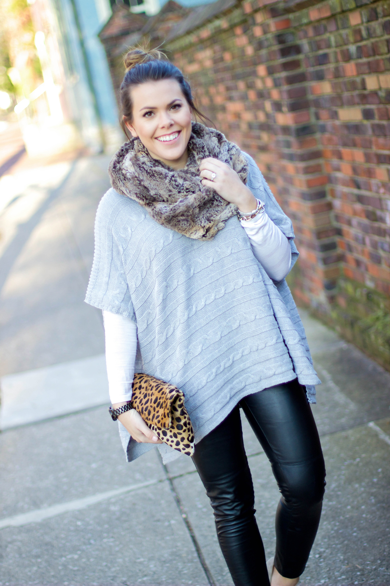 Cable Knit Poncho + Leather Leggings - Glitter & Gingham