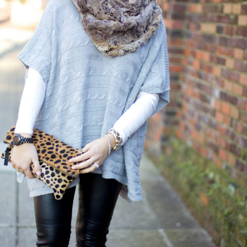 Grey Poncho, Leather Leggings, Faux Fur Scarf, Leopard Clutch