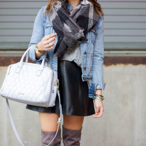 Denim Jacket, Leather Skirt, Over The Knee Boots, Bauble Bar Earrings
