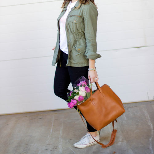 Casual Valentine's Day Outfit: Madewell Tote, Utility Jacket, Sincerely Jules Tee