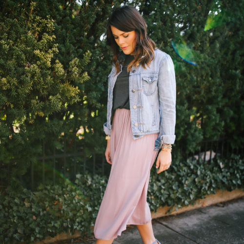 Spring Style: LOFT Midi Dress, J. Crew Denim Jacket & Steve Madden Sandals