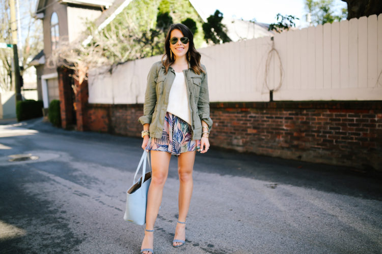 spring style: J. Crew utility jacket, GiGi New York Teddie tote, Show Me Your Mumu shorts, Steve Madden sandals