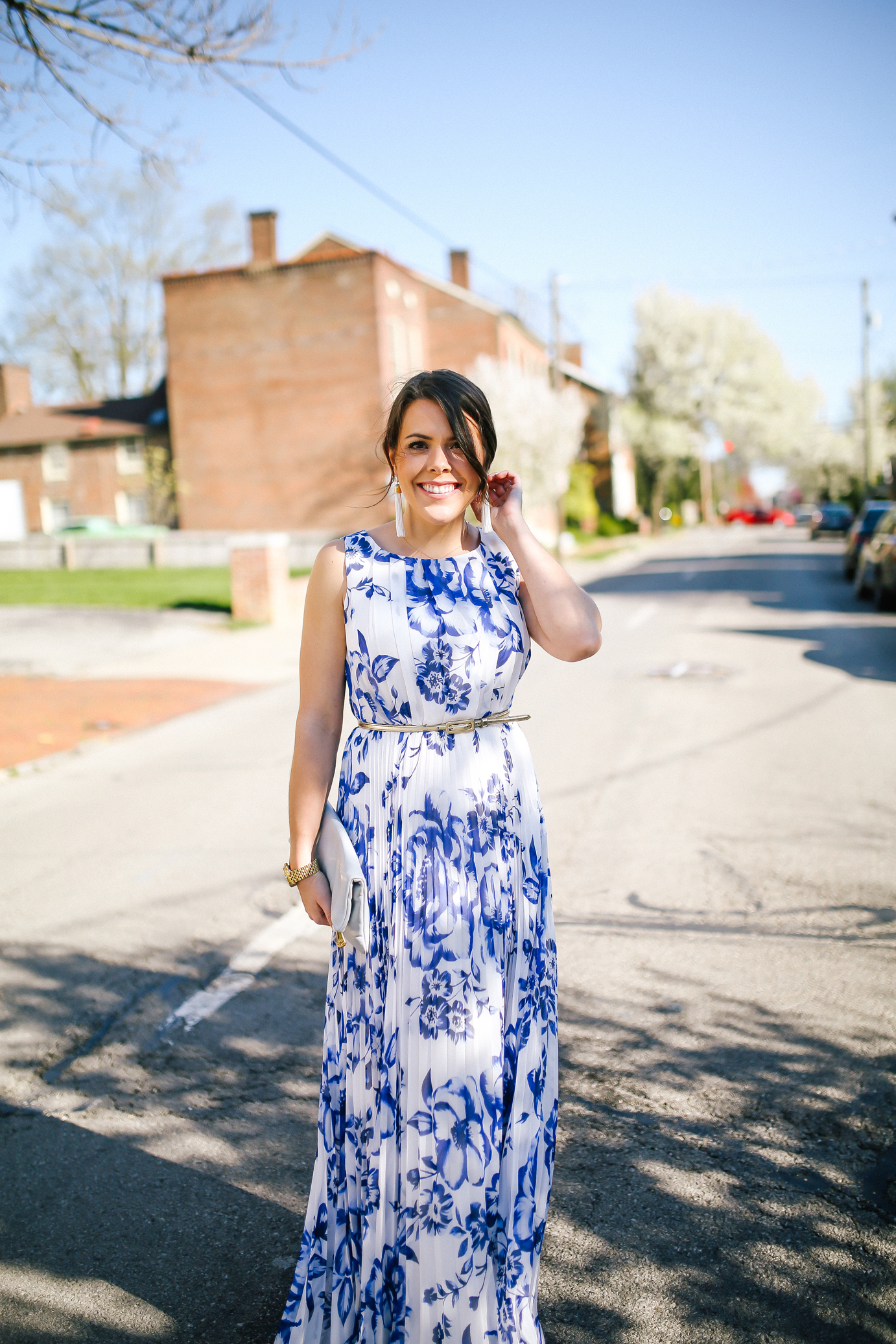 Pleated floral chiffon shop maxi dress eliza j