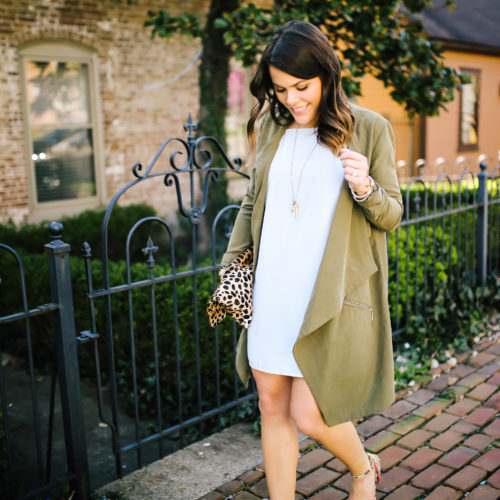 Spring Style: olive green trench, Forever21 Dress, Leopard Clutch