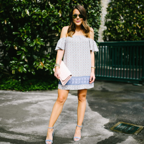 Off the shoulder dress: Forever 21 Dress, Steve Madden Sandals, Vera Bradley Clutch