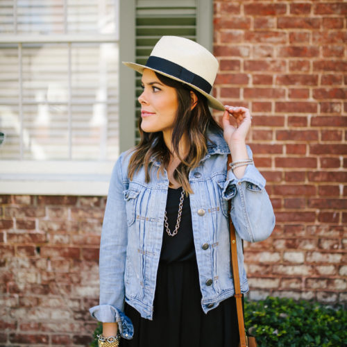 Shelby from Glitter & Gingham shares easy spring styler! Ft. LOFT midi dress, denim jacket & panama hat