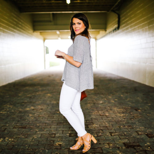 How to style white jeans: J. Crew Jeans, Nordstrom Stripe Top, Antonio Melani Sandals, Madewell Tote, J. Crew Earring