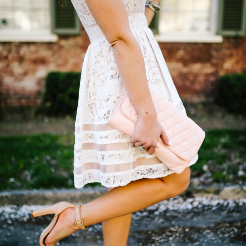 The perfect bridal shower dress for brides: Eliza J Dress, Bauble Bar Earrings, Nude ankle strap sandals