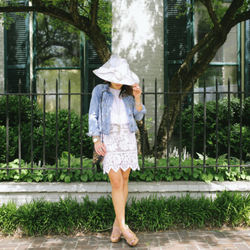 Derby Style: For Love & Lemons Skirt, J. Crew Denim Jacket, Nude Wedges, Kendra Scott Necklace