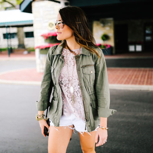 Spring Style via Glitter & Gingham // LOFT Lace Top, denim shorts, J. Crew jacket, Kendra Scott Necklace, Ray-Ban aviators