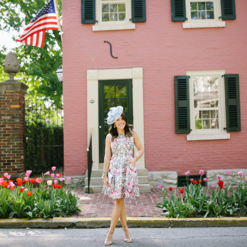 Derby Style: Ted Baker Dress, Bauble Bar Earrings, GiGi New York Clutch, Zara Heels