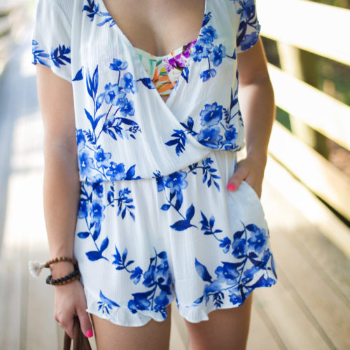 Summer Style via Glitter & Gingham // Blue & White Floral Romper, Target Straw Beach Bag, Body Glove Bikini, Ray-Ban Aviators