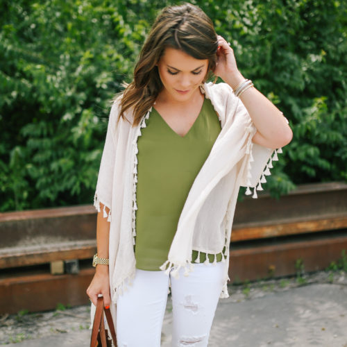 Summer style on Glitter & Gingham // Tassel Kimono, White Distressed Denim, Flatform Sandals, Madewell Transport Tote, Kendra Scott Bangles