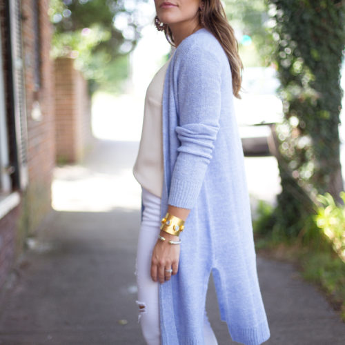 Nordstrom Anniversary Sale Outfit via Glitter & Gingham // Halogen Cardigan, Leopard Heels, White Jeans, J. Crew Earrings