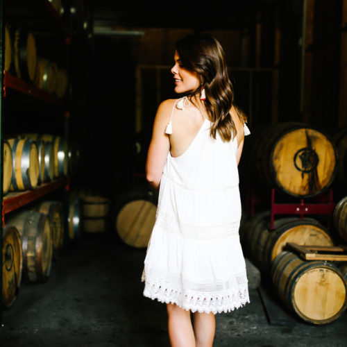 Summer Style via Glitter & Gingham // Urban Outfitters Dress, Nude Wedges, Bauble Bar Tassel Earrings, Rebecca Minkoff Crossbody