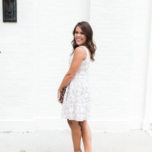 Needle & Thread Dress, Stuart Weitzman Sandals, Fallon Jewelry, Clare V. Clutch via Glitter & Gingham by Shelby Skaggs