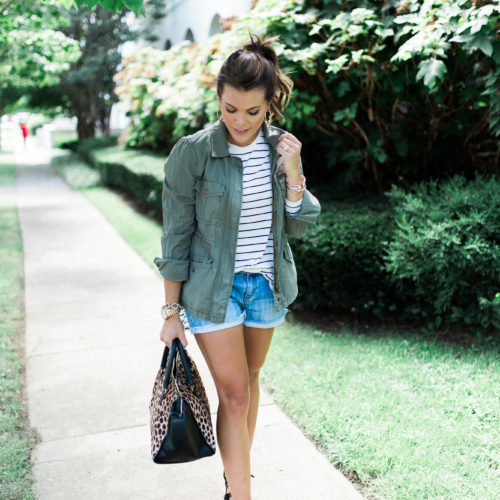 Summer to fall style on Glitter & Gingham // Lace up sandals, Utility Jacket, Stripe Tee & Denim Shorts