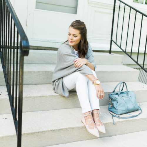 Summer to fall style on Glitter & Gingham // Sincerely Jules T-Shirt, Open Cardigan, Rebecca Minkoff Tote, Lace Up Flats