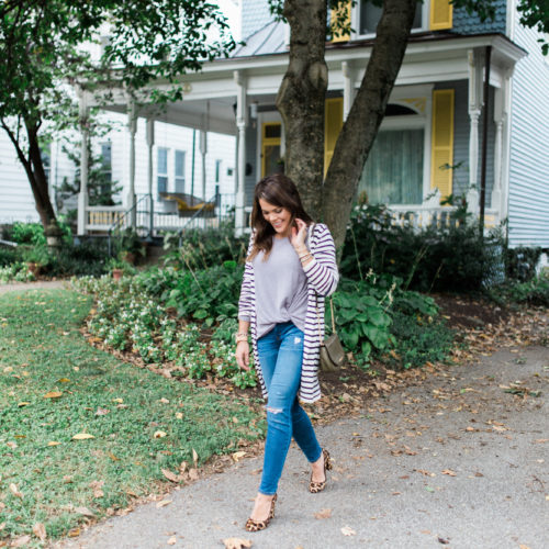 Fall Fashion on Glitter & Gingham // Leopard Heels, Distressed Jeans, Stripe Cardigan, Michael Kors Handbag, BaubleBar Bracelet