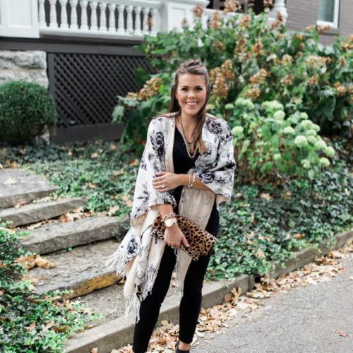 Fall Fashion on Glitter & Gingham // Day to Night Style with JCPenney, Floral Poncho, Black Jeans, How to mix prints