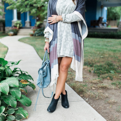 Fall Fashion on Glitter & Gingham // Leopard Dress, Stripe Fringe Poncho, Black Booties, Rebecca Minkoff Regan Satchel