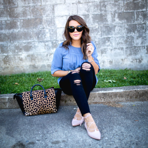 Summer to Fall style on Glitter & Gingham // Old Navy Top, Distressed Black Jeans, How to style lace up flats, Clare V. Tote