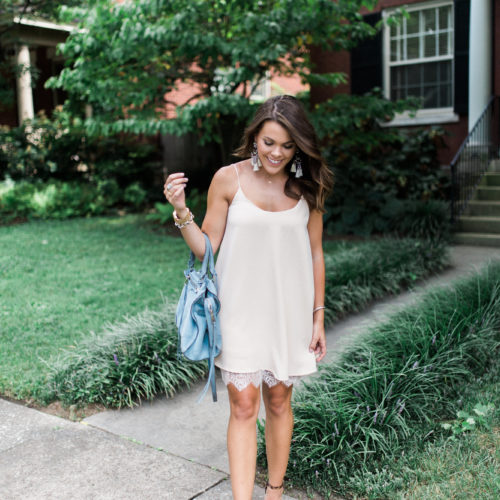 Summer Style on Glitter & Gingham // Lace Trim Dress from Zara, Leopard Heels , Rebecca Minkoff Handbag, BaubleBar Earrings