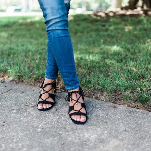 Fall Fashion on Glitter & Gingham // Distressed Denim & Black Blouse, Lace Up Sandals, Henri Bendel Tote, BaubleBar Earrings