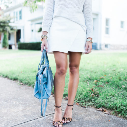 Summer to Fall Style on Glitter & Gingham ft. LOFT Skirt, J. Crew Sweater, Leopard Sandals & Rebecca Minkoff Handbag