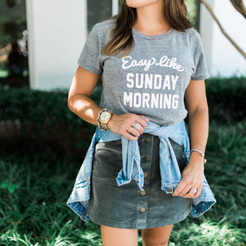 Summer to Fall Outfit on Glitter & Gingham // easy like sunday morning tshirt, corduroy skirt, denim jacket, lace up sandals