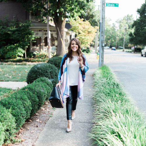 Fall fashion on Glitter & Gingham / Anthropologie Poncho, how to wear leather leggings, Clare V. Leopard Bag, Grey Pumps