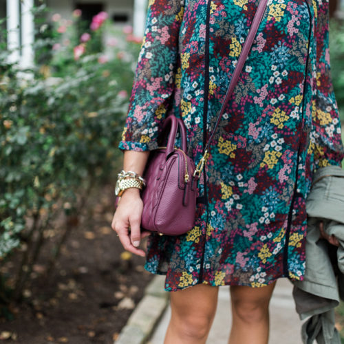 Fall Fashion via Glitter & Gingham // LOFT Floral Dress, Vera Bradley Leather Bag, Peep Toe Booties, Utility Jacket