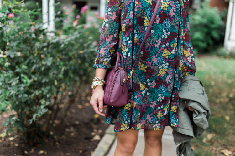 Fall Fashion via Glitter & Gingham // LOFT Floral Dress, Vera Bradley Leather Bag, Peep Toe Booties, Utility Jacket