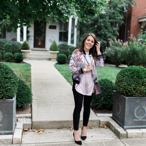 Fall Fashion via Glitter & Gingham // printed bomber jacket, black pumps, black jeans, Target style