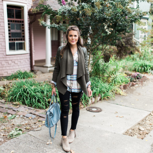 Fall Fashion on Glitter & Gingham // topshop flannel top, distressed denim, sam edelman booties, leather jacket, rebecca minkoff handbag