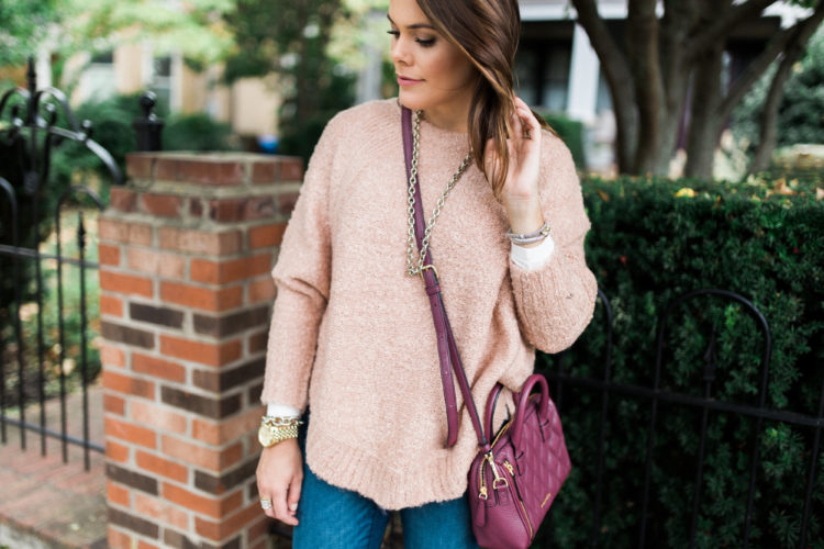 Fall Fashion via Glitter & Gingham // Sweater & Jeans, Booties, Vera Bradley, LOFT
