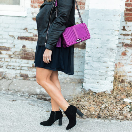 Fun Winter Outfit to Try:: Ft. Leather Jacket, Black Booties, Fedora, Rebecca Minkoff Love Crossbody