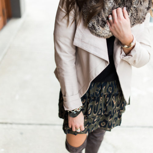 Winter Outfits to Copy:: Ft. Leopard Skirt, Faux Leather Jacket, Grey Over The Knee Boots, Faux Fur Scarf
