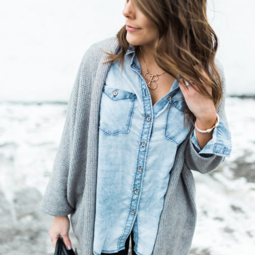 Snow Day Outfit Inspiration: Ft. Open Cardigan, Chambray Shirt, Hunter Boots,Henri Bendel Tote