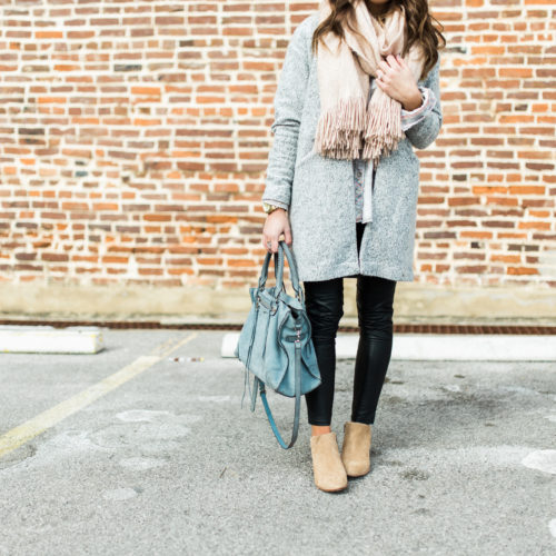 casual winter outfit to copy: cozy scarf, faux leather leggings, plaid flannel, suede booties, rebecca minkoff handbag