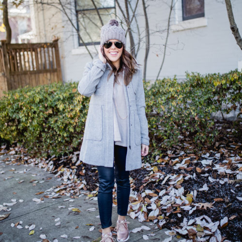 A winter closet must have:: LOFT Grey coat, coated denim, Nike sneakers