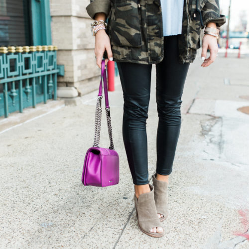 Spring Outfit Inspiration via Glitter & Gingham // Ft. Camo Jacket, Leather Leggings, Vince Camuto Booties, Rebecca Minkoff Bag