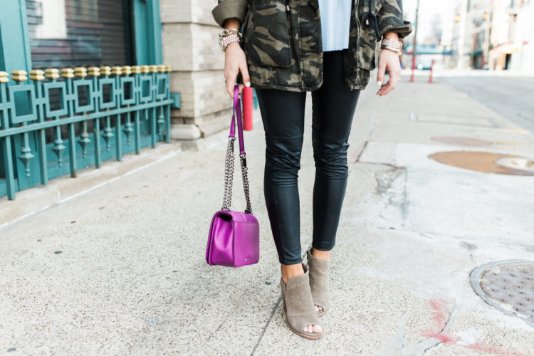Spring Outfit Inspiration via Glitter & Gingham // Ft. Camo Jacket, Leather Leggings, Vince Camuto Booties, Rebecca Minkoff Bag