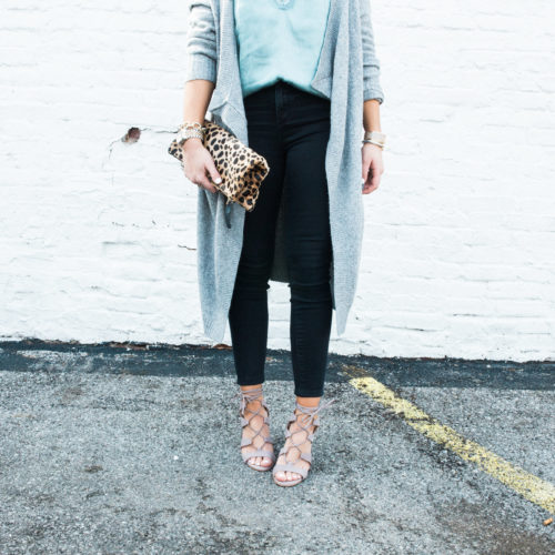 Spring Outfit Idea via Glitter & Gingham / Ft. H&M Lace Camisole, Vince Camuto Lace Up Sandals, LOFT Denim, Clare V. Leopard Clutch