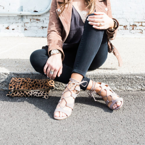 Spring Outfit Inspiration // Ft. BlankNYC Suede Jacket, Free People Cami, Vince Camuto Lace Up Sandals, Clare V. Leopard Clutch