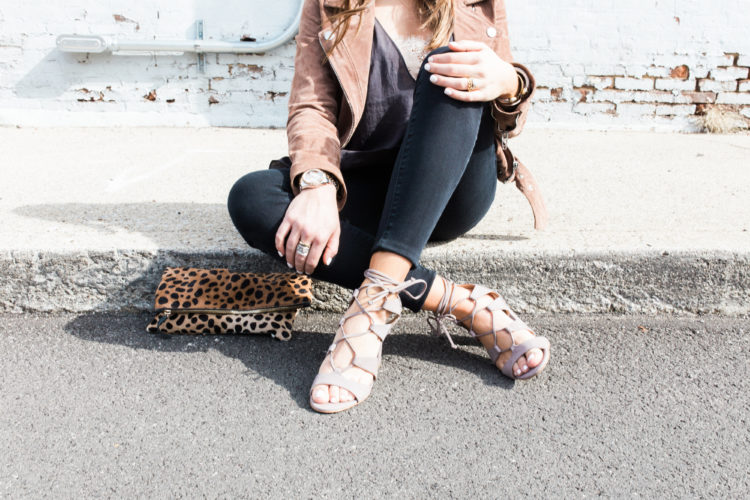 Spring Outfit Inspiration // Ft. BlankNYC Suede Jacket, Free People Cami, Vince Camuto Lace Up Sandals, Clare V. Leopard Clutch